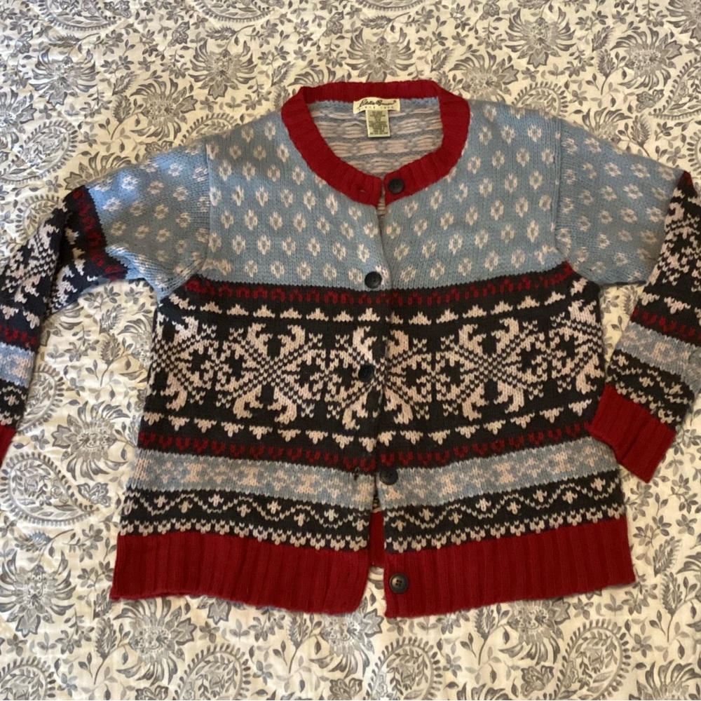 Eddie Bauer Blue and Red Cardigan Nordic Isle Lambswool